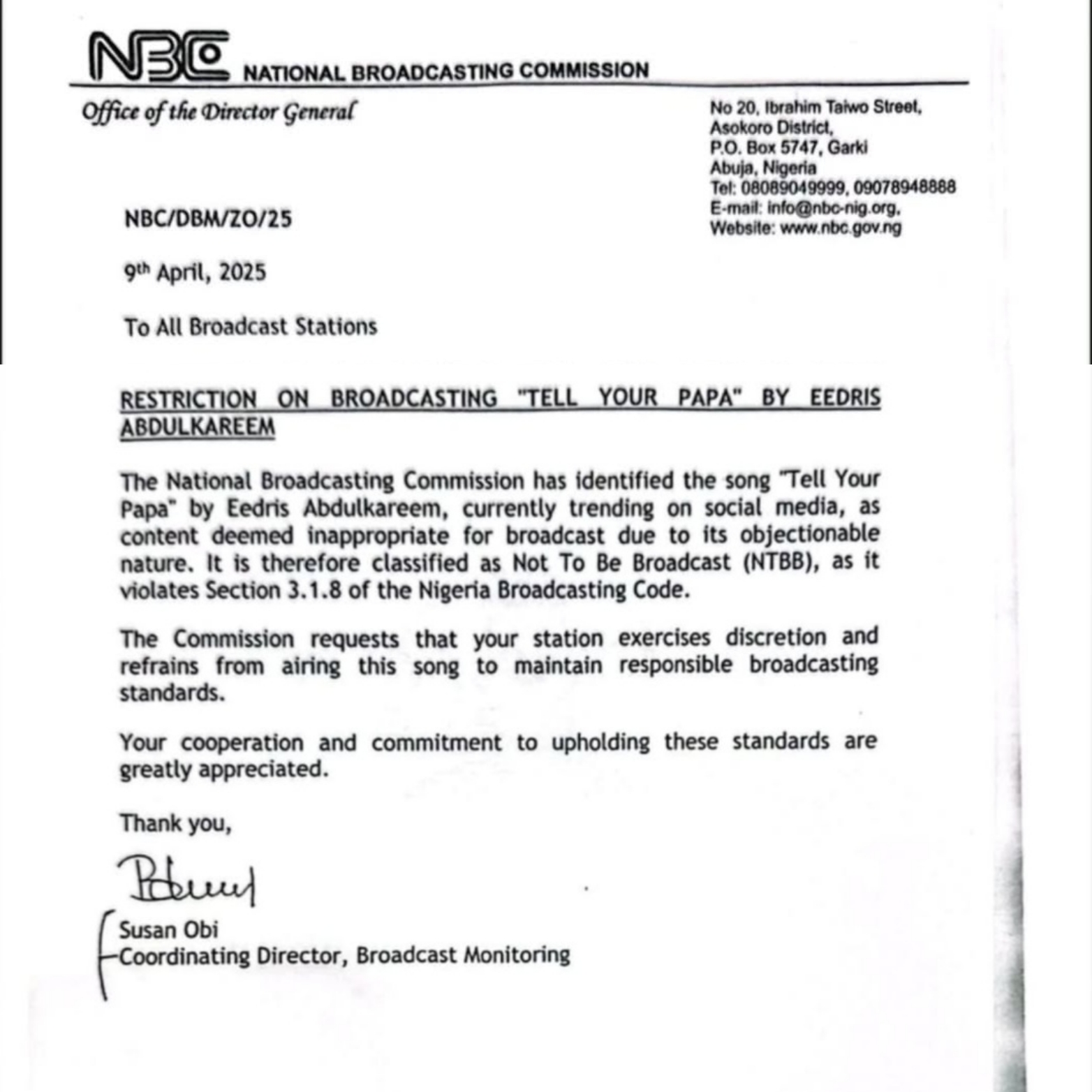 NBC : EEDRIS ABDULKAREEM CONDEMNS BAN OF NEW SONG ‘TELL YOUR PAPA’